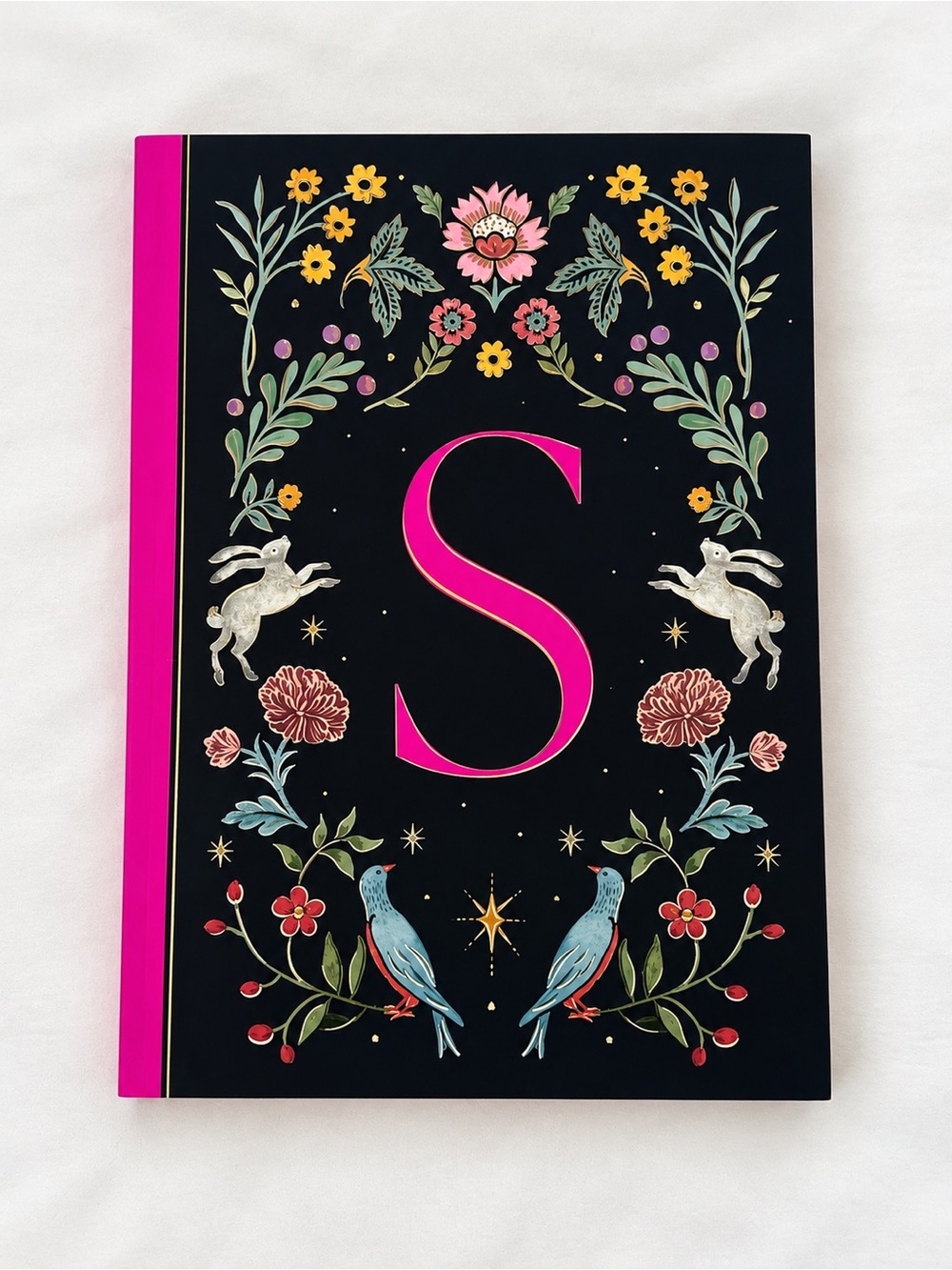 Floral Monogram 'S' Softcover Notebook in Black & Hot Pink
